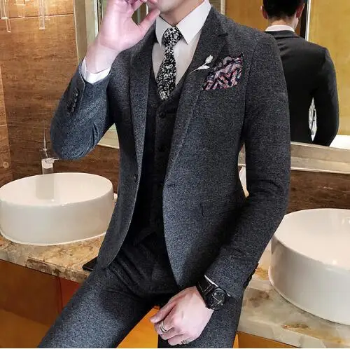 Dark Gray FOLOBE мужские костюмы новые винтажные классические розовые кофейные серые костюмы смокинг жених Masculino Банкетный Свадебный Выпускной костюм 3 шт - Цвет: Dark Gray