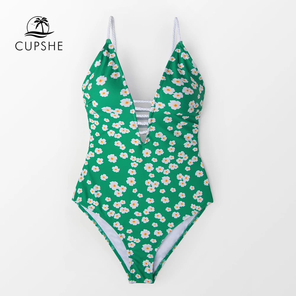CUPSHE зеленый цветочный цельный купальник для женщин Boho кружево Монокини 2019