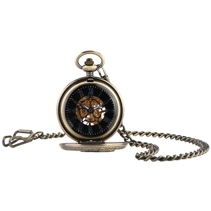

High Quality Half Hunter Eagle Design Mechanical Pocket Watch Roman Numbers Display Hand Winding Pendant Clock with 30cm Chain