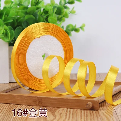 Golden Yellow 10 мм, 25 ярдов, односторонняя шелковая сатиновая лента, дешевая декоративная подарочная упаковка, Свадебные Рождественские ремесла, белые, розовые, красные, черные ленты - Цвет: Golden Yellow