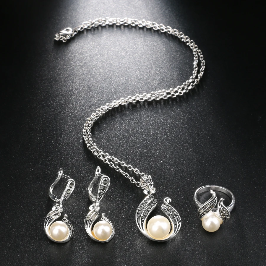 Комплект из колье серёг и кольца серебристого цвета|jewelry sets for women|pearl jewelry setwedding |
