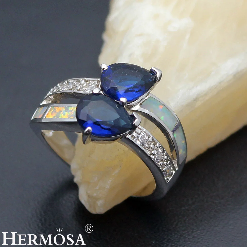 Большая Акция натуральный австралийский опал BlueSapphire двойное кольцо слеза Размер