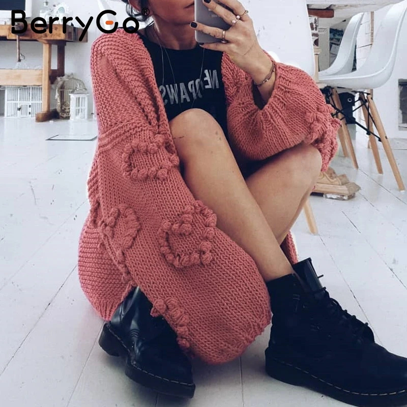BerryGo свободный Женский вязаный кардиган негабаритный фонарь рукав сердце