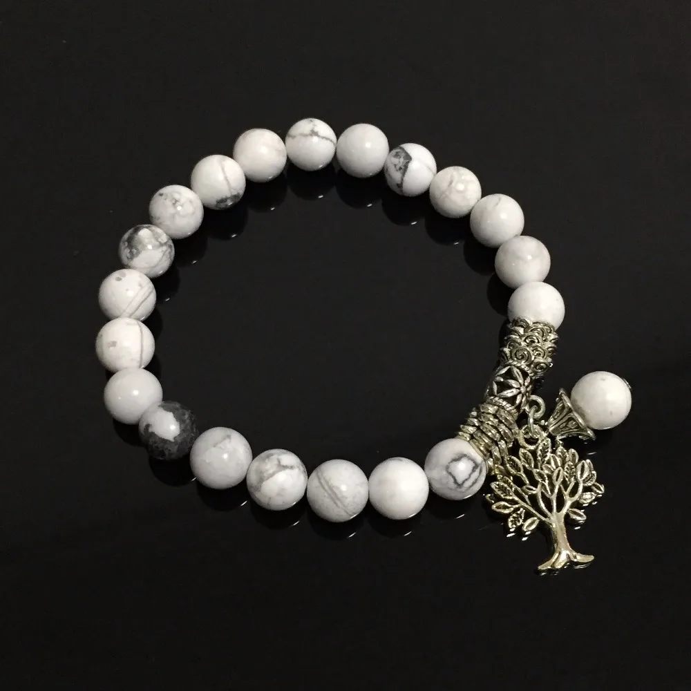 Круглый шар Mala Beads Белый Howlite камень Strecth браслеты с деревом тибетская кожа