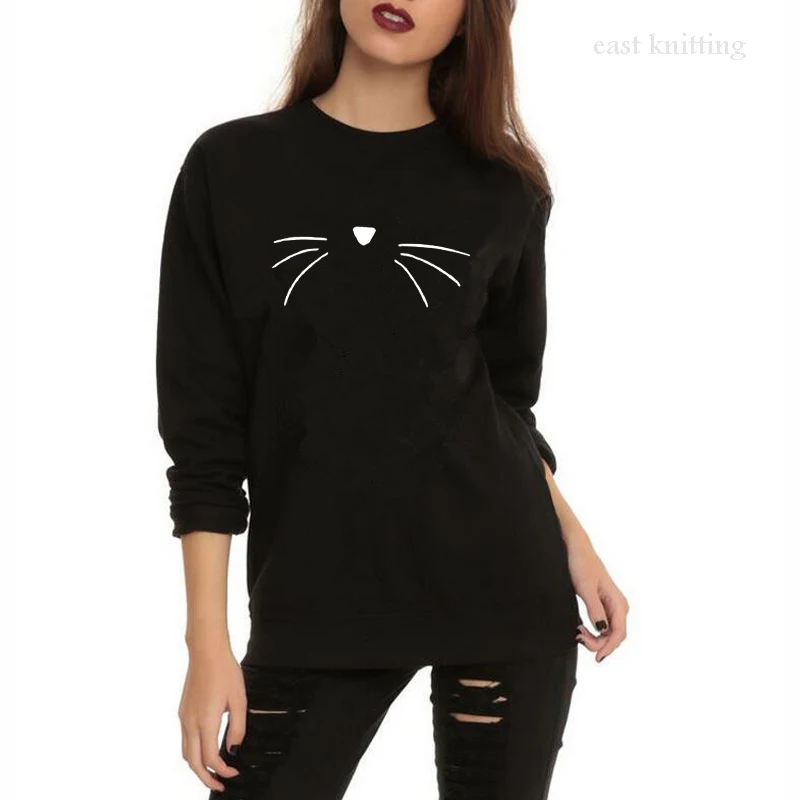 WS0156 Women Cute Cat Face Hoodies Round Neck Casual Print Sweatshirts | Женская одежда
