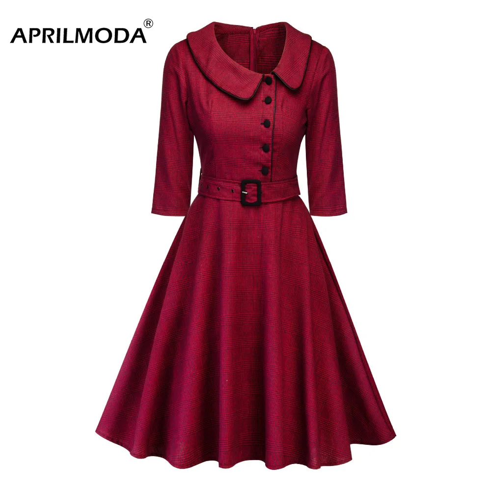 Женское платье в стиле ретро с поясом и рукавом до локтя Hepburn Rockabilly повседневное