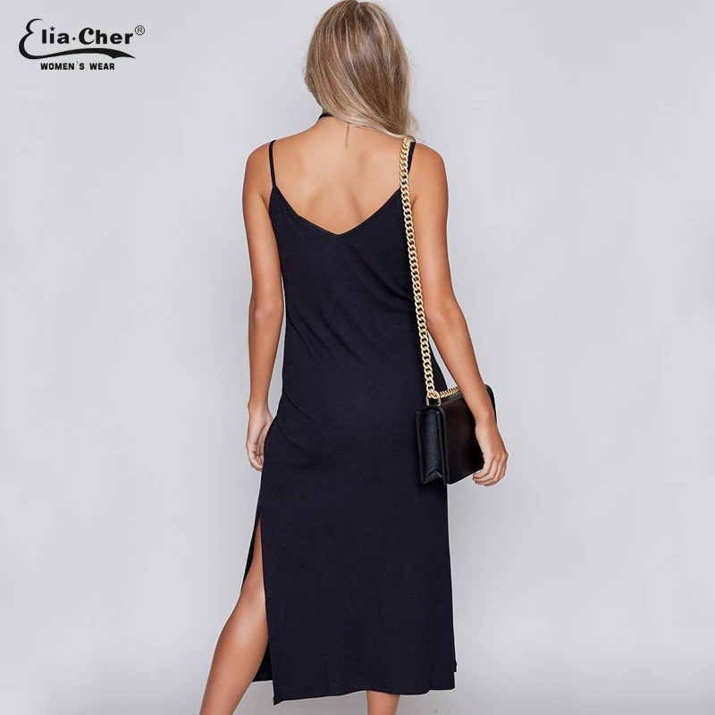 Женское платье на бретелях-спагетти элегантное однотонное длинное без рукавов