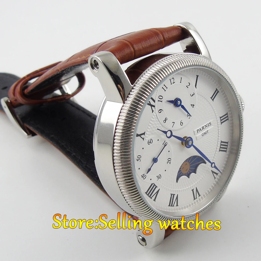 42 мм Мужские наручные часы Parnis с белым циферблатом Moon Phase GMT