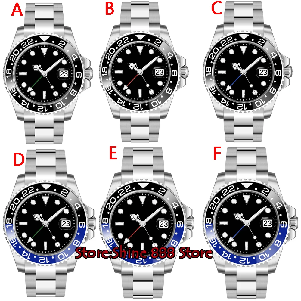 

40mm parnis black sterile dial sapphire glass relogio masculino GMT red blue Bezel date window automatic mens watch