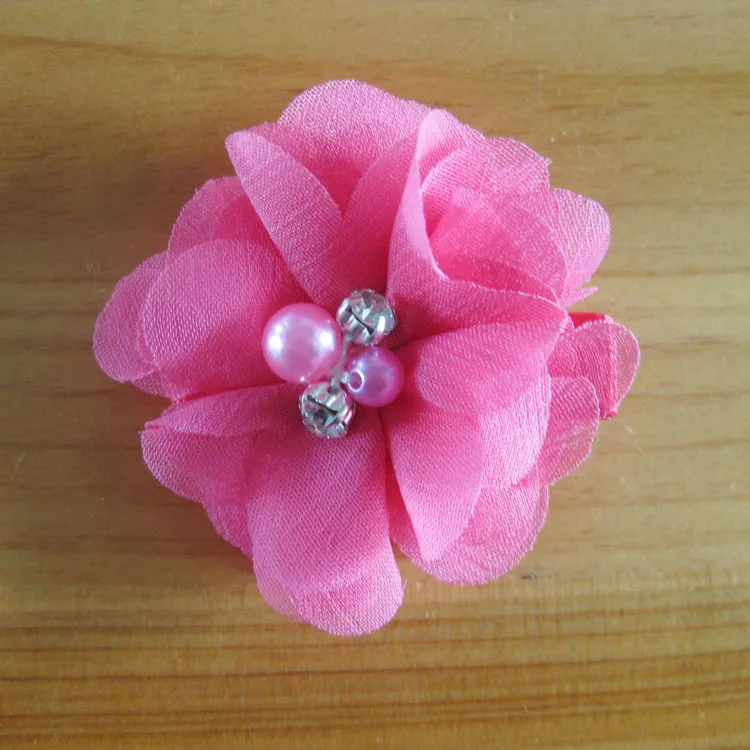 

children Mini Chiffon flowers with clip 5cm Crystal Pearl Center baby headband girls hair accessories 30 pcs/lot Wholesale