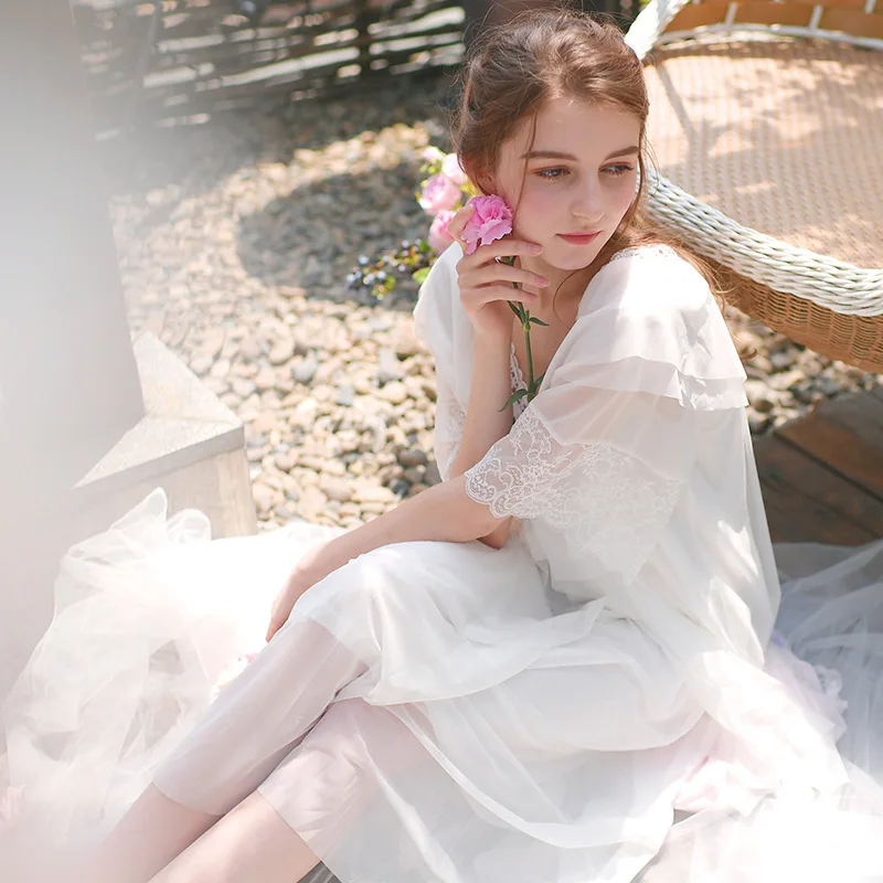 2019 New Spring Summer Women Long Sleeve Nightgown Mesh Lace Loose Dress Nightwear Nightdress Slash Neck White/Purple/Pink | Женская
