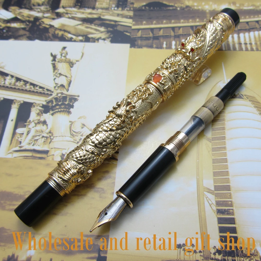 

Металлическая подарочная чернильная ручка Jinhao A500, «двойные драконы» в китайском стиле, перьевая ручка с жемчугом