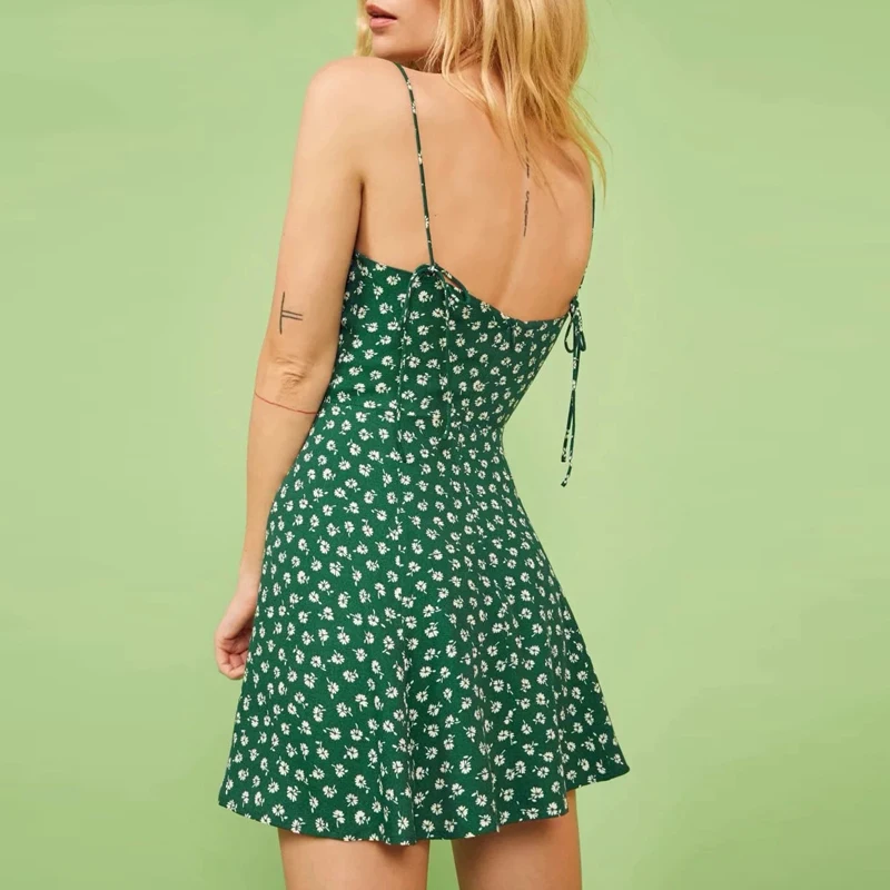 women Summer dress Vintage bohemian chiffon mini Sexy backless green floral beach 2019 korean vestidos | Женская одежда