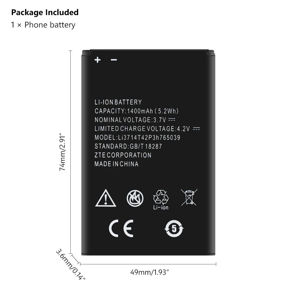 Li3714T42P3H765039 Батарея литиевая батарея для ZTE лезвие A3 T220 AF3 A5 AF5 1400 мА/ч полимерная