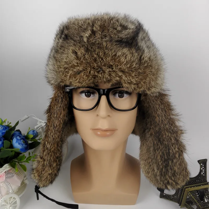 Мужская теплая шапка бомбер из натурального кроличьего меха с тканевым