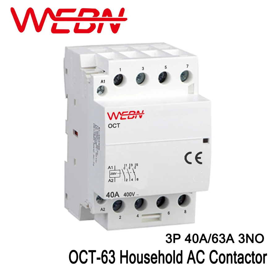 

OCT-63 Series 3P 40A/63A Auto-Operation AC Household Contactor 220V/230V 50/60Hz Contact 3NO Normal Open Din Rail Contactor