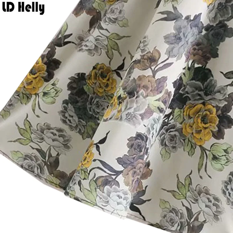 LD Helly Elegant Women Floral Print Dress Stand Collar Pleated Long Sleeve Mid-Calf Dresses Ladies Office Workwear Vestidos | Женская