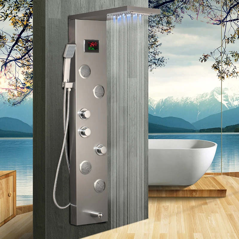 KEMAIDI LED Shower Panel Body Massage System Jets Black Shower Column Faucet Bath Shower Faucet Temperature Digital Display - Цвет: С начесом