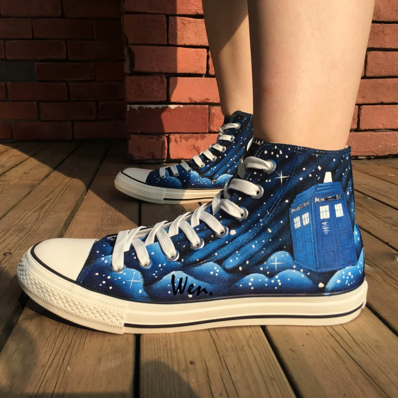 

Wen Design Custom Hand Painted Shoes Blue Galaxy Tardis Doctor Who Man Woman's High Top Canvas Sneakers for Gifts
