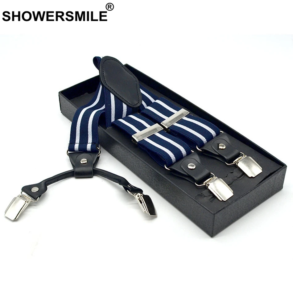 SHOWERSMILE полосатые подтяжки брюки мужские Эластичные Y Форма подтяжки 4 зажимы Подвески ремень 3,5*120 см темно-синий подтяжки мужской красный черный