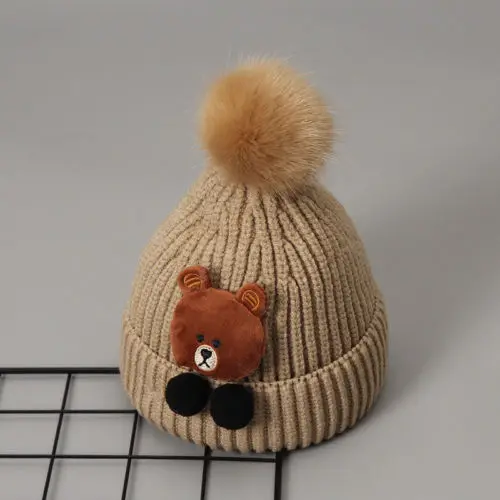 2018 Kids Baby Child Warm Winter Cartoon Bear Knitted Beanie Fur Pom Hat Crochet Ski Cap | Детская одежда и обувь