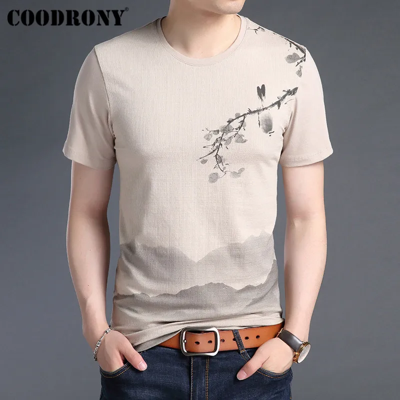 COODRONY, Мужская футболка, мягкая, хлопок, лен, короткий рукав, футболка, мужская, лето, китайский стиль, рисунок, o-образный вырез, футболка, Homme S95029 - Цвет: Хаки
