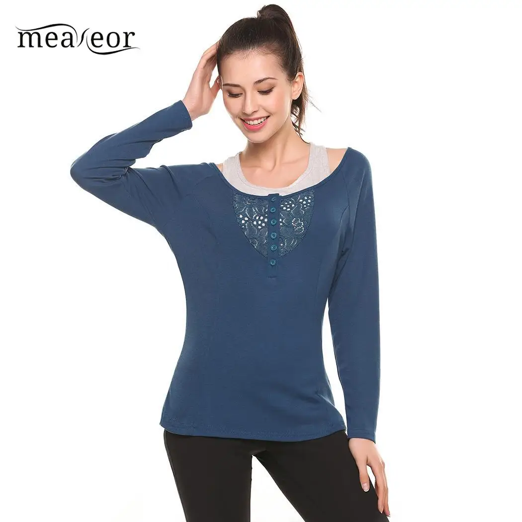 Meaneor Casual Women T-Shirts Top New Female Clothes O-Neck Long Sleeve Lace Shirts Hollow Out Patchwork T-Shirt with Solid Tank | Женская