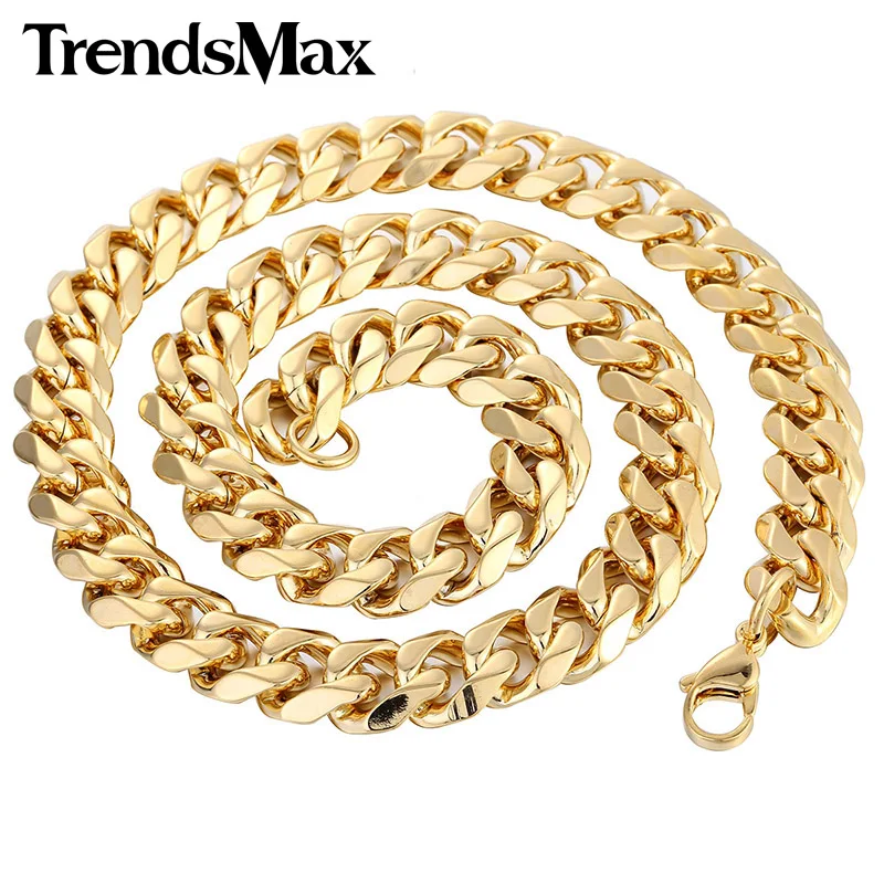 Trendsmax 15 мм широкий бордюр кубинское звено золотого цвета из нержавеющей стали ожерелье Мужская цепочка