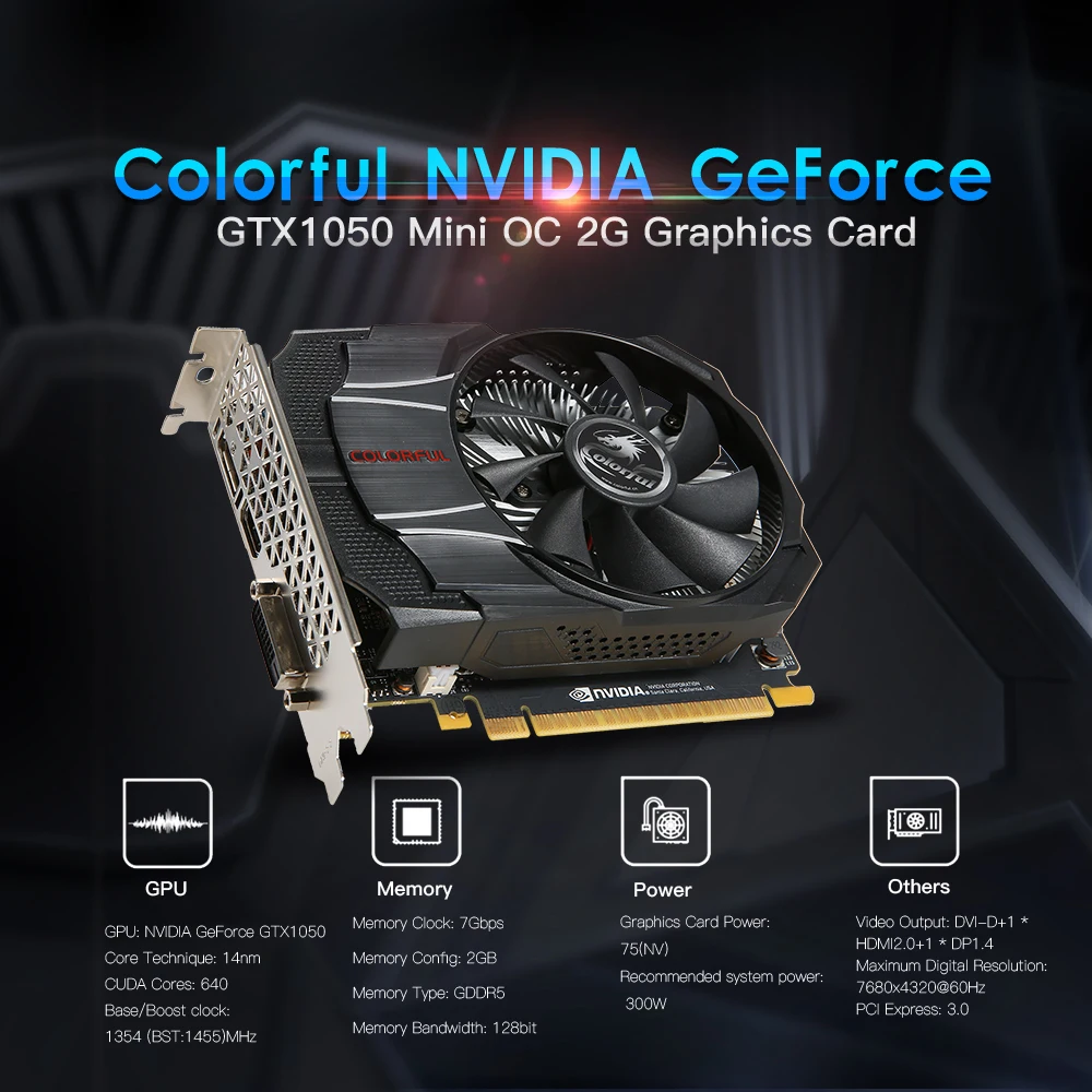 Красочная видеокарта NVIDIA GeForce GTX1050 OC 2G 1354/1455MHz 7 Гбит/с GDDR5 видеокарта 128 бит PCI-E с портом HDMI DP DVI-D