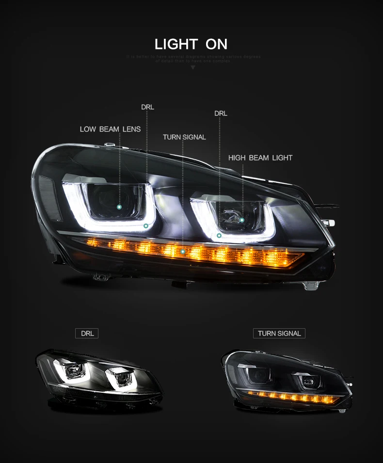 Черный проектор фары двойной u-бар DRL светодиодный для VW Golf MK6 2009-2012