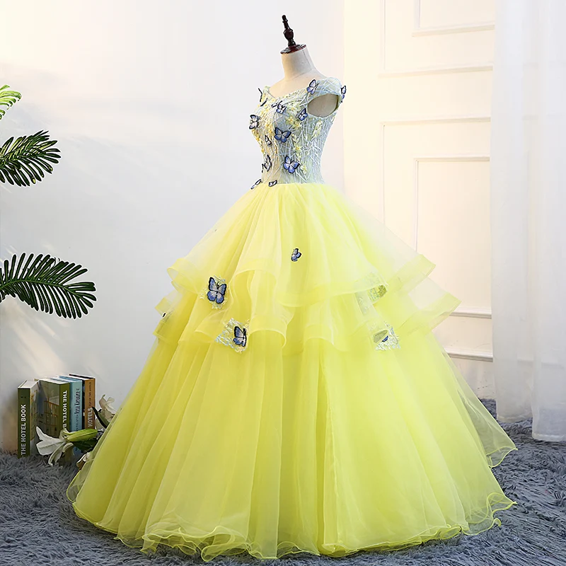 He's Bride Butterfly Boat Neck Lace Up Back Floor-Length Ball Gown Tulle Yellow Wedding Dresses Custom Party Vestido De Noiva | Свадьбы и