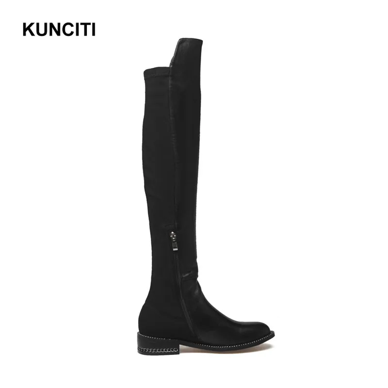 KUNCITI/; Черные Сапоги выше колена; короткая плюшевая женская зимняя обувь из натуральной кожи; модные эластичные тканевые ботиночки с цепочкой; B02