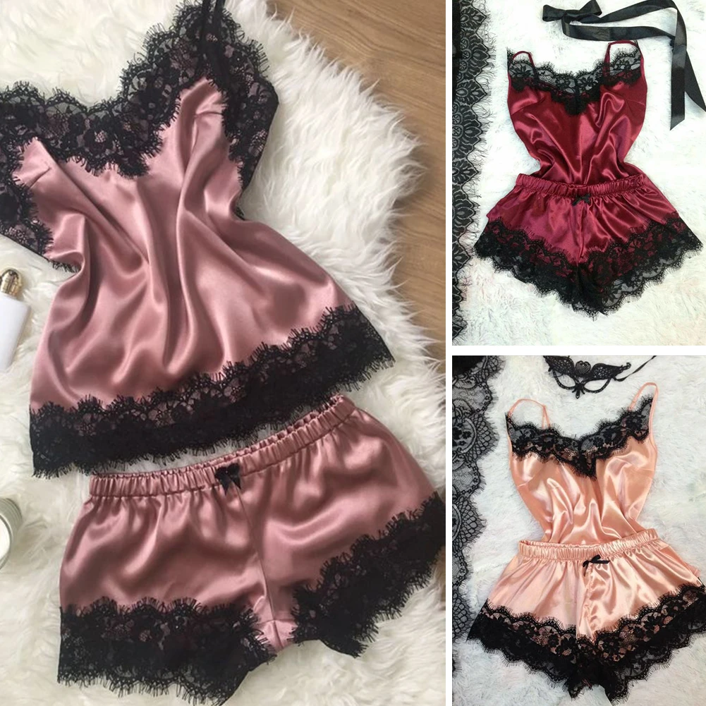 Женский пижамный комплект топ с треугольным вырезом и шорты из сатина|Комплекты