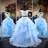 light blue ball gown two pieces quinceanera dress lace off shoulder ruffles organza formal dresses sweet 16 long prom dresses