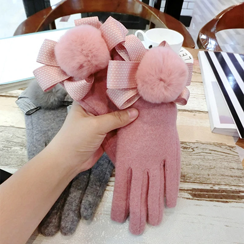 New Arrival Touch Screen Glove Cashmere Girl Sweet Cute Bowknot Warm Knitted Women Spring Winter Gloves Thick Mittens | Аксессуары для