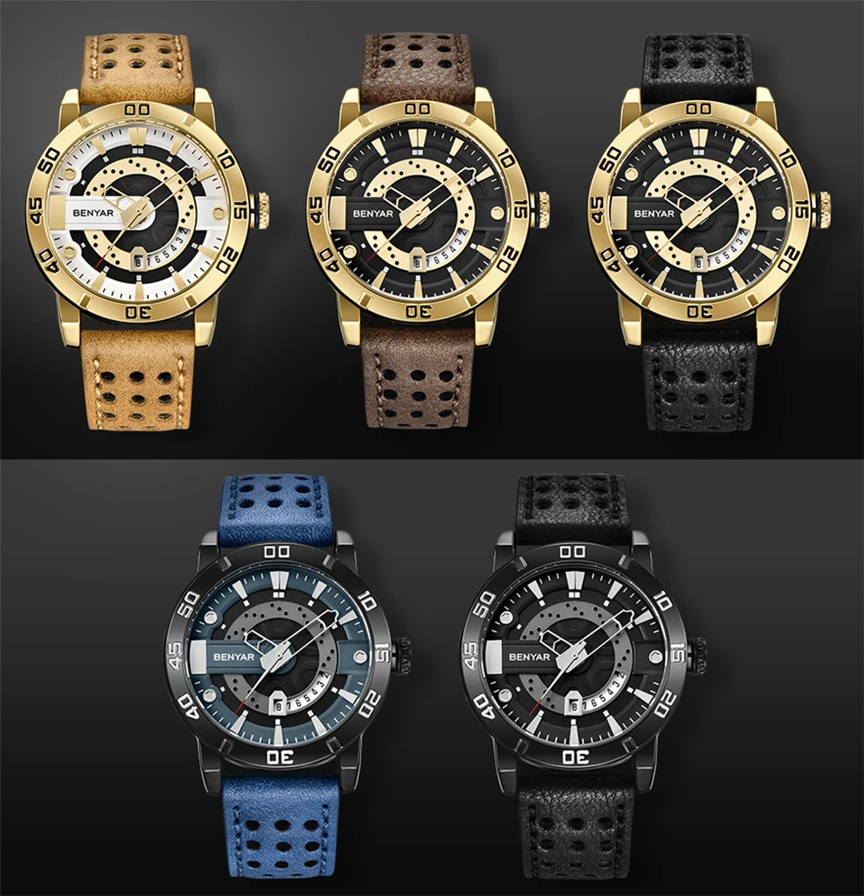 Дизайнерские BENYAR Роскошные Брендовые Часы Reloj Hombre мужские Водонепроницаемые кожаные кварцевые часы мужские спортивные часы Relogio Masculino