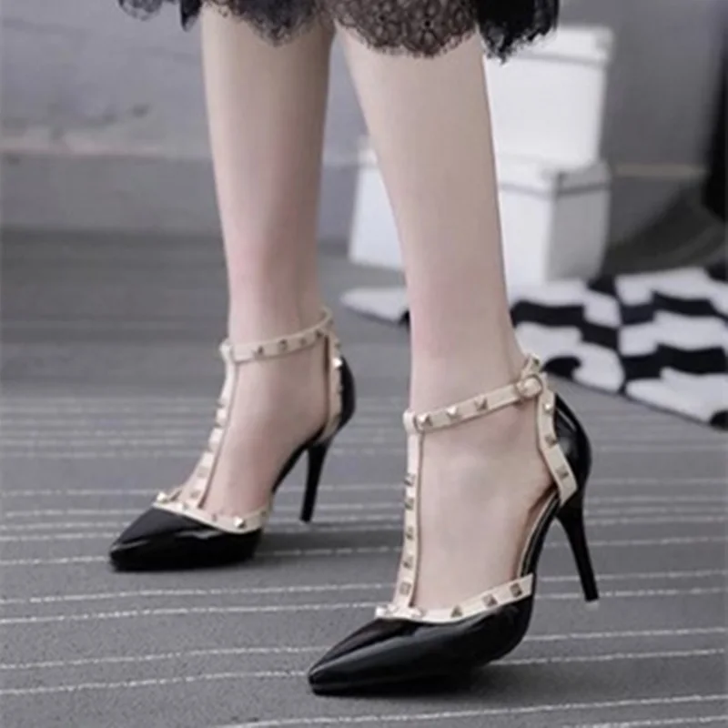 Lady's Sexy Hot Sell T-strap Rivet Nigh Club Plus Size 40 Pointy Narrow Toe Buckle Strap High Heels Women Pumps Stilettos Sandal | Обувь