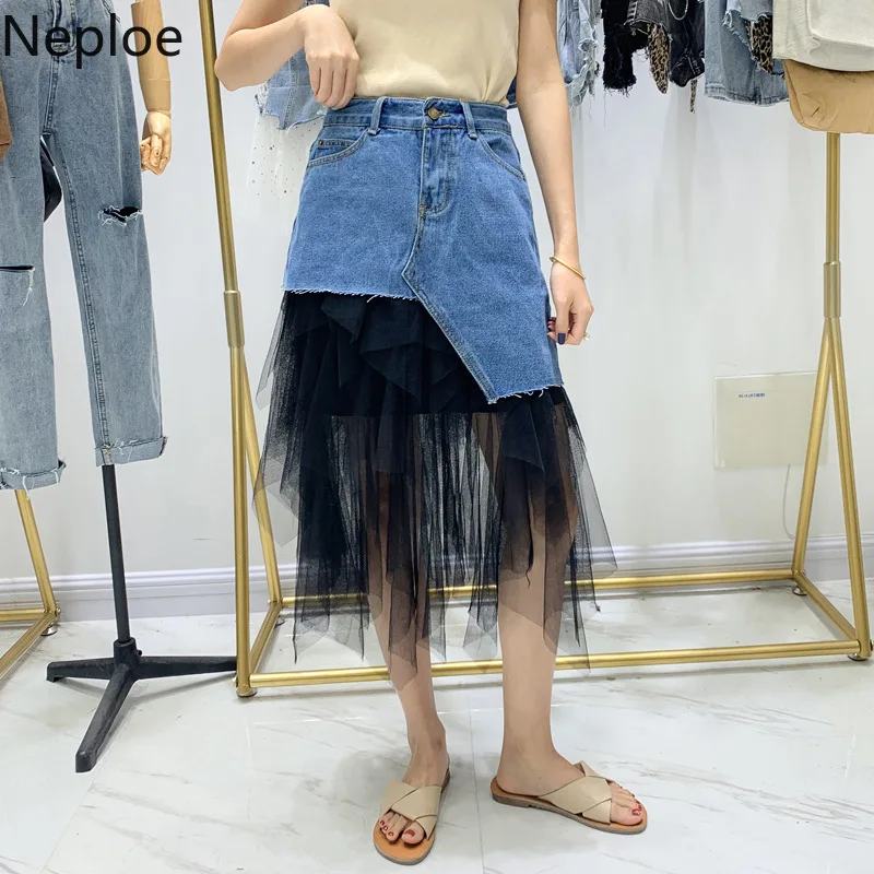 Neploe Irregular Denim Mesh Patchwork Skirts Women Fashion Button Fly Pockets Skirt Waist A-Line Jupe Femme 44101 | Женская одежда