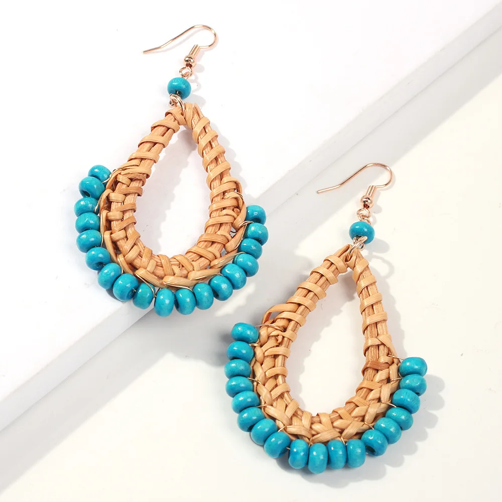 Женские серьги из ротанга в этническом стиле с подвеской виде капли воды