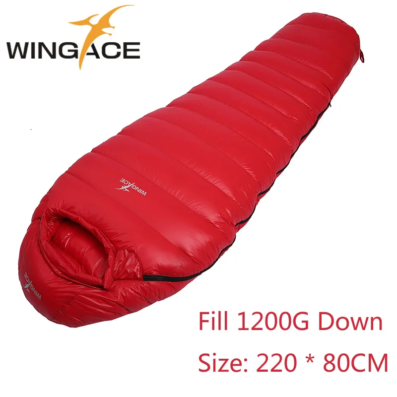 WINGACE заполнить 400 г 600 800 г 1000 1200 гусиный пух спальный мешок зимние уличные Сверхлегкий Мумия спальный мешок для взрослых - Цвет: 1200G RED