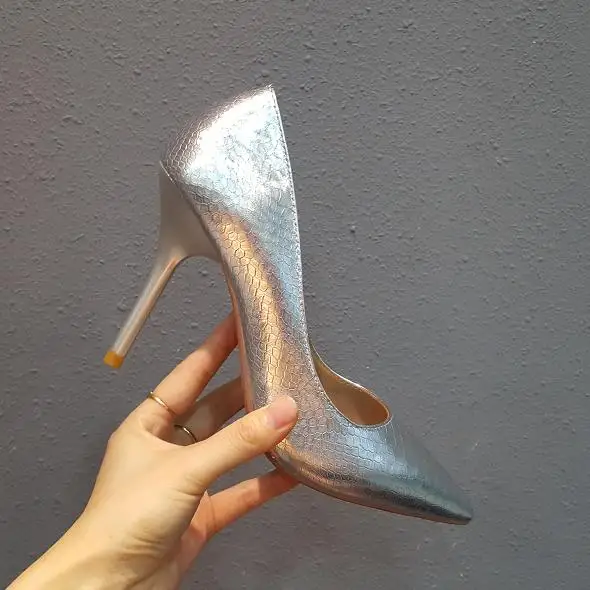 10cm Silver SANLUME/пикантные женские туфли-лодочки из натуральной кожи на высоком каблуке; женские Серебристые вечерние свадебные туфли с острым носком; каблук 10 см; внутри овечья кожа - Цвет: 10cm Silver