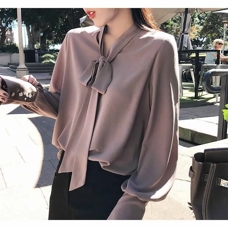 Весенняя женская однотонная Корейская милая блузка с длинными рукавами