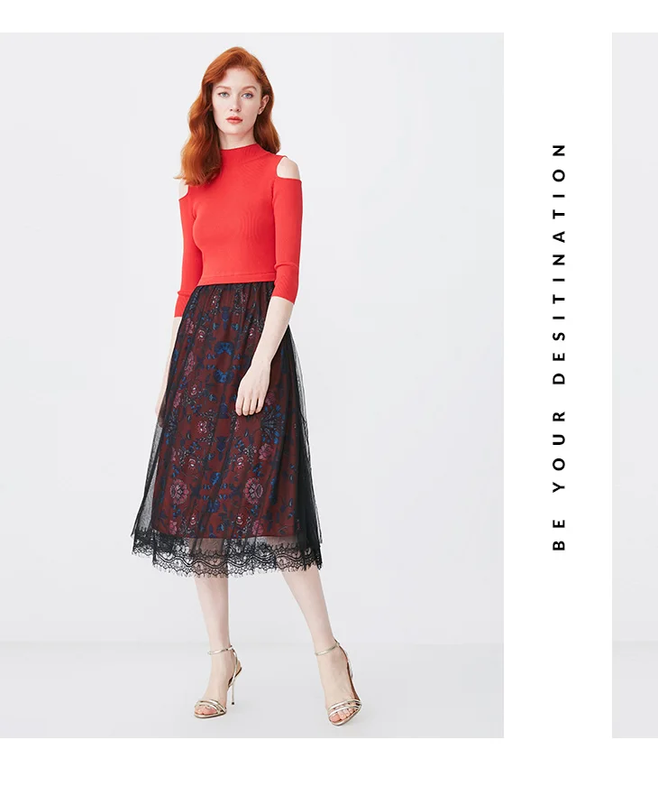 Отборные весенние кружева печати Slim Fit зонтик форма трикотажное платье S | 419146506