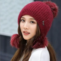 ozyc rabbit fur knitted hat female autumn and winter knitted hat casual all match sweet knitted hat earmuffs warm wool cap
