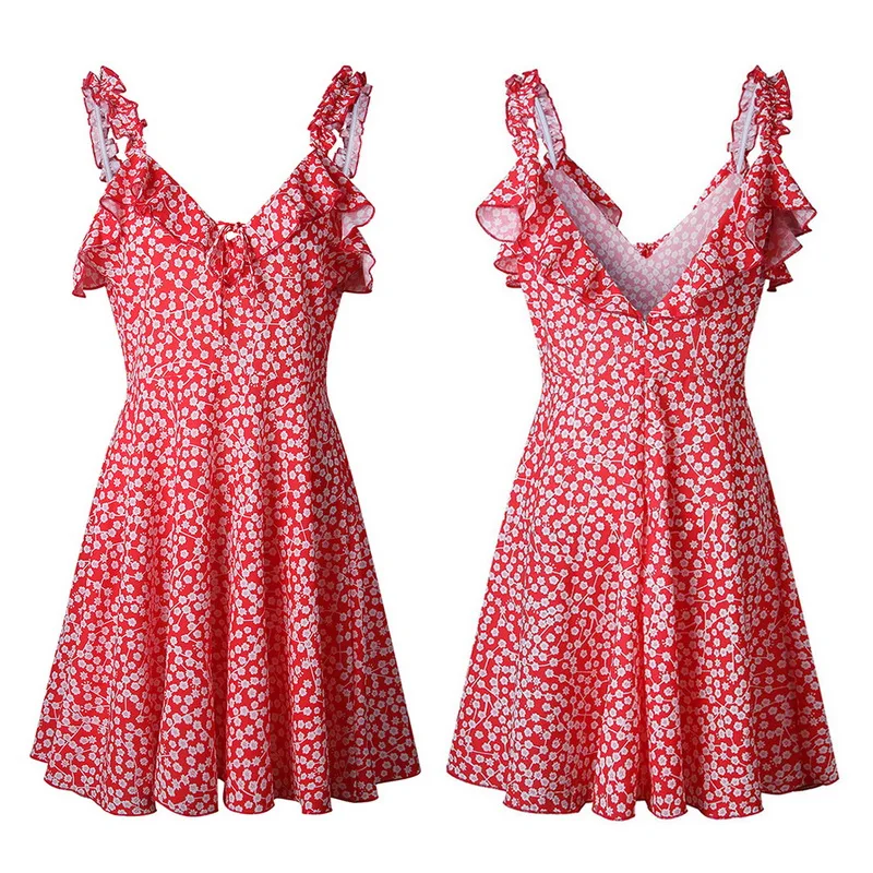 Женское мини платье с цветочным принтом винтажное пляжное без рукавов глубоким