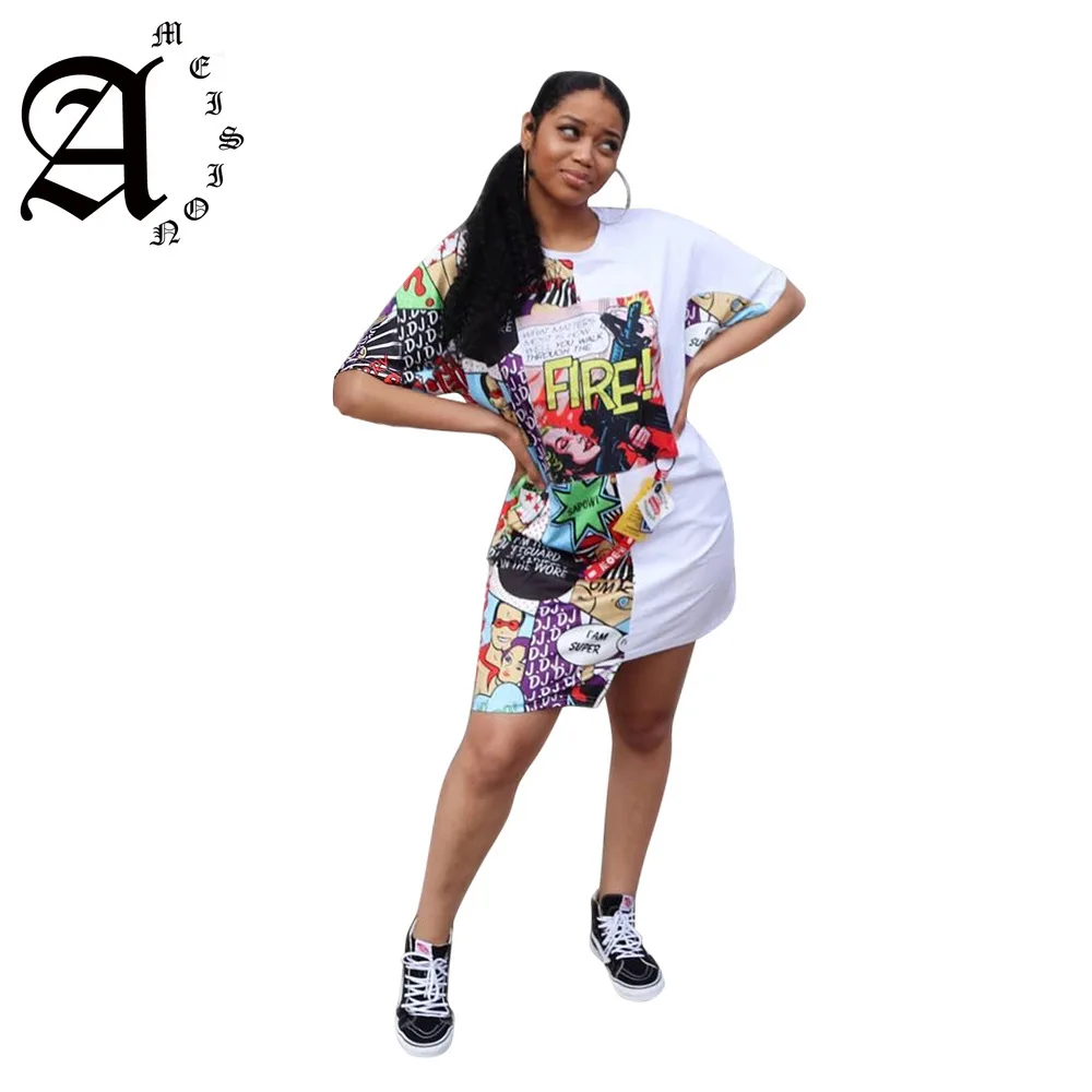 Ameision плюс размеры летняя футболка платья для женщин мультфильм печатных
