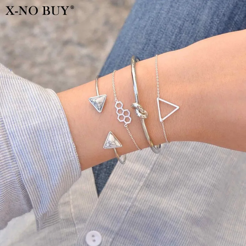 New 4pcs Infinite White Stone Bangle Women Triangle Honeycomb Pendant Link Chains Twist Open Cuff Bracelets/Bangles Set Female | Украшения