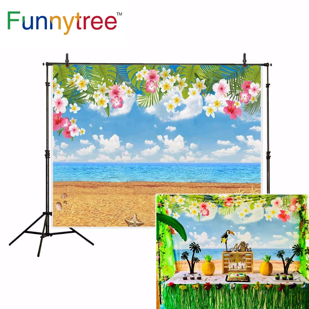 Фотофон Funnytree с изображением пляжа цветов голубого неба облаков летних