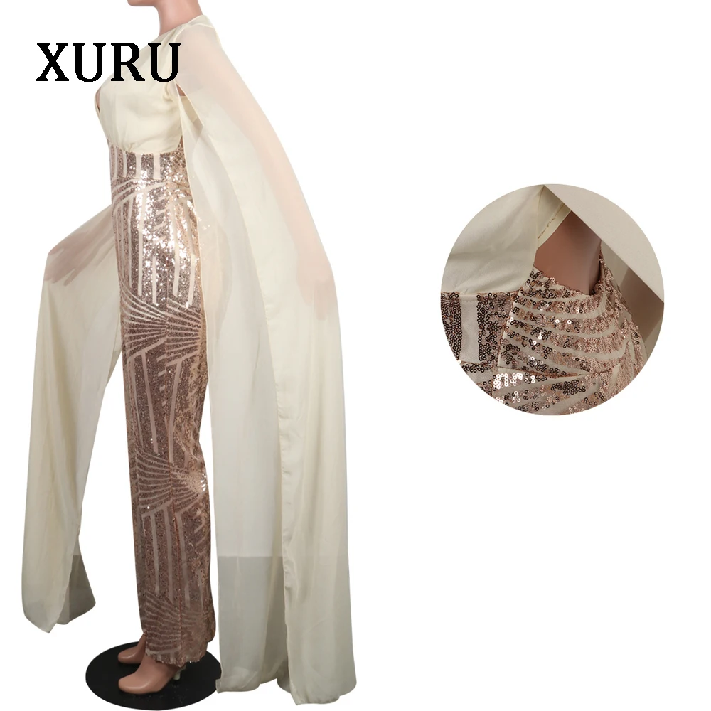 

XURU New Hot Sexy Sequins Jumpsuit Shiny Party Wide Leg Pants Trousers Elegant Women's Chiffon Jumpsuit