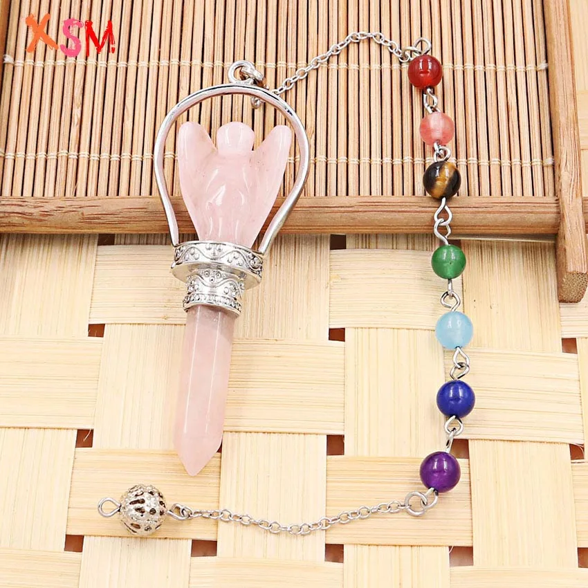 Rose Quartzs XSM натуральный камень кристалл гексагональный маятник Ангел Кулон духовные Рейки Исцеление Подвески 7 Чакра цепи подвески ювелирные изделия 1 шт - Окраска металла: Rose Quartzs